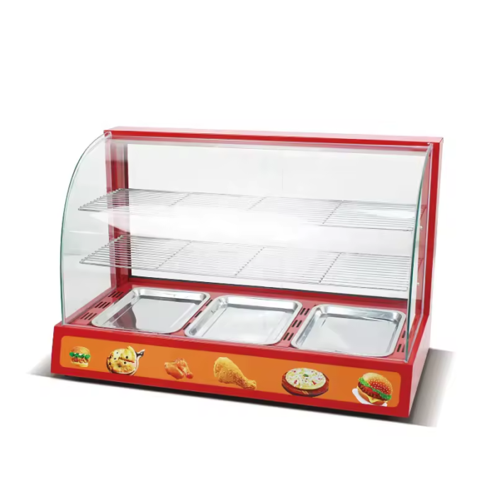 OEM ODM High Quality Table Top 3P Red Color Hot Food Pizza Pie Chips Hamburger Warmer Display Cabinet