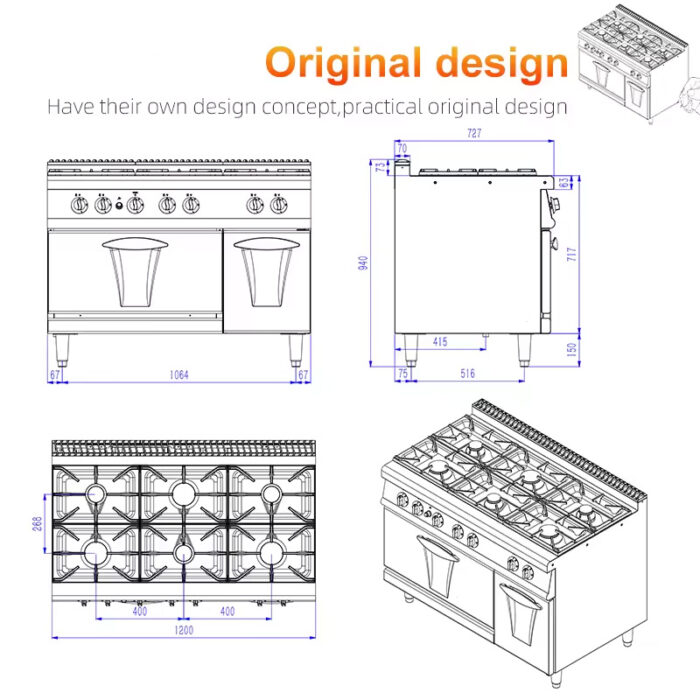Stainless Steel Restaurant Equipment 700 Series 6-Burner Gas Cooking Range with Oven - Image 3