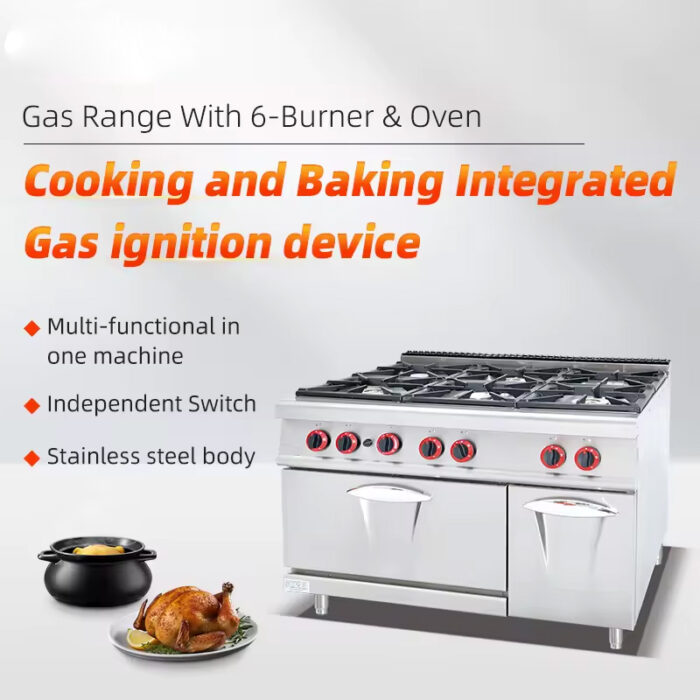 Stainless Steel Restaurant Equipment 700 Series 6-Burner Gas Cooking Range with Oven - Image 4
