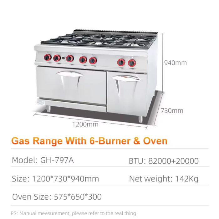 Stainless Steel Restaurant Equipment 700 Series 6-Burner Gas Cooking Range with Oven - Image 6